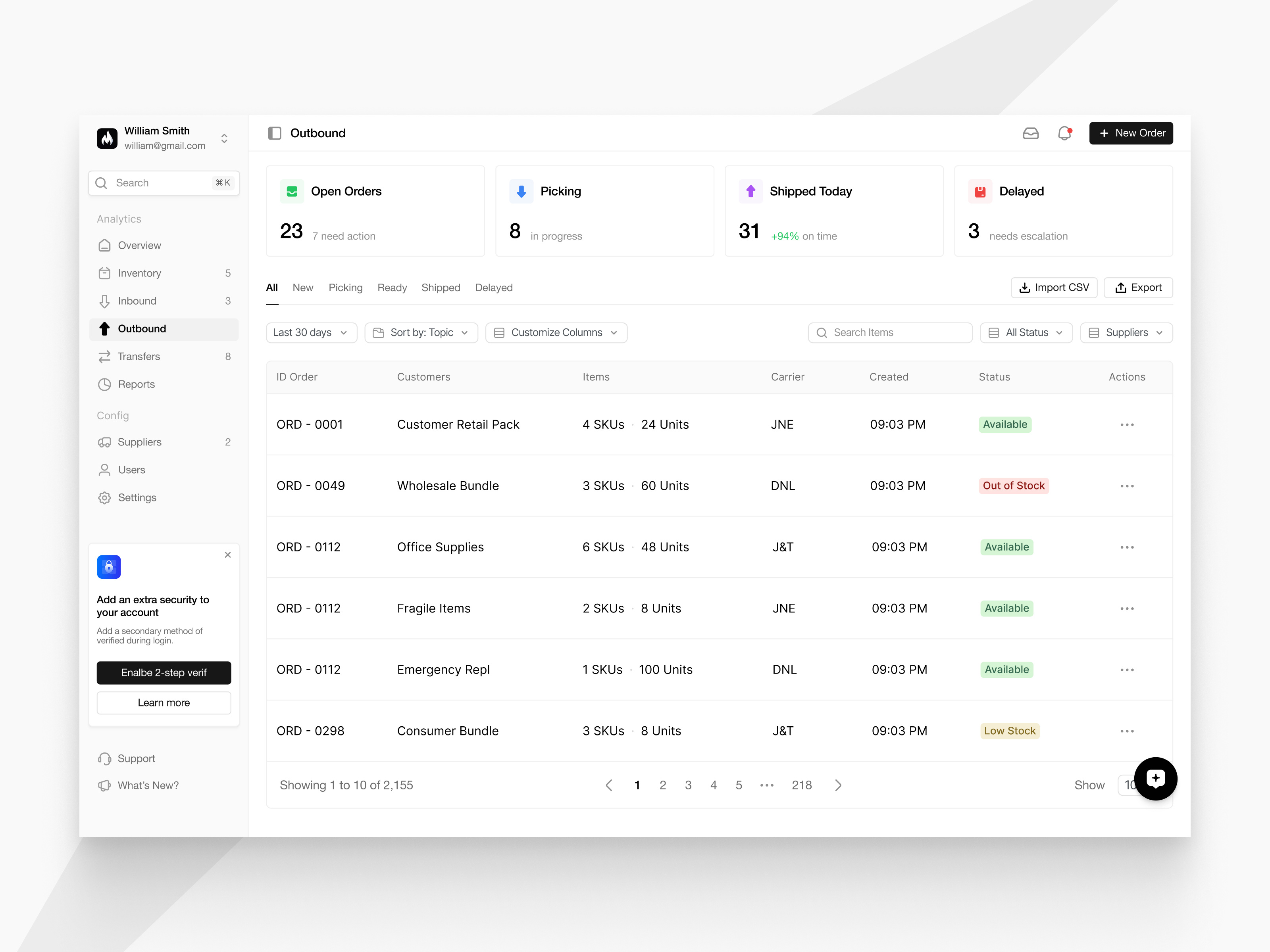 Outbound Page - Rackwise b2b dashboard dekstop graphic design logisitic outbound pallet saas shipping table ui ux warehouse web webapp