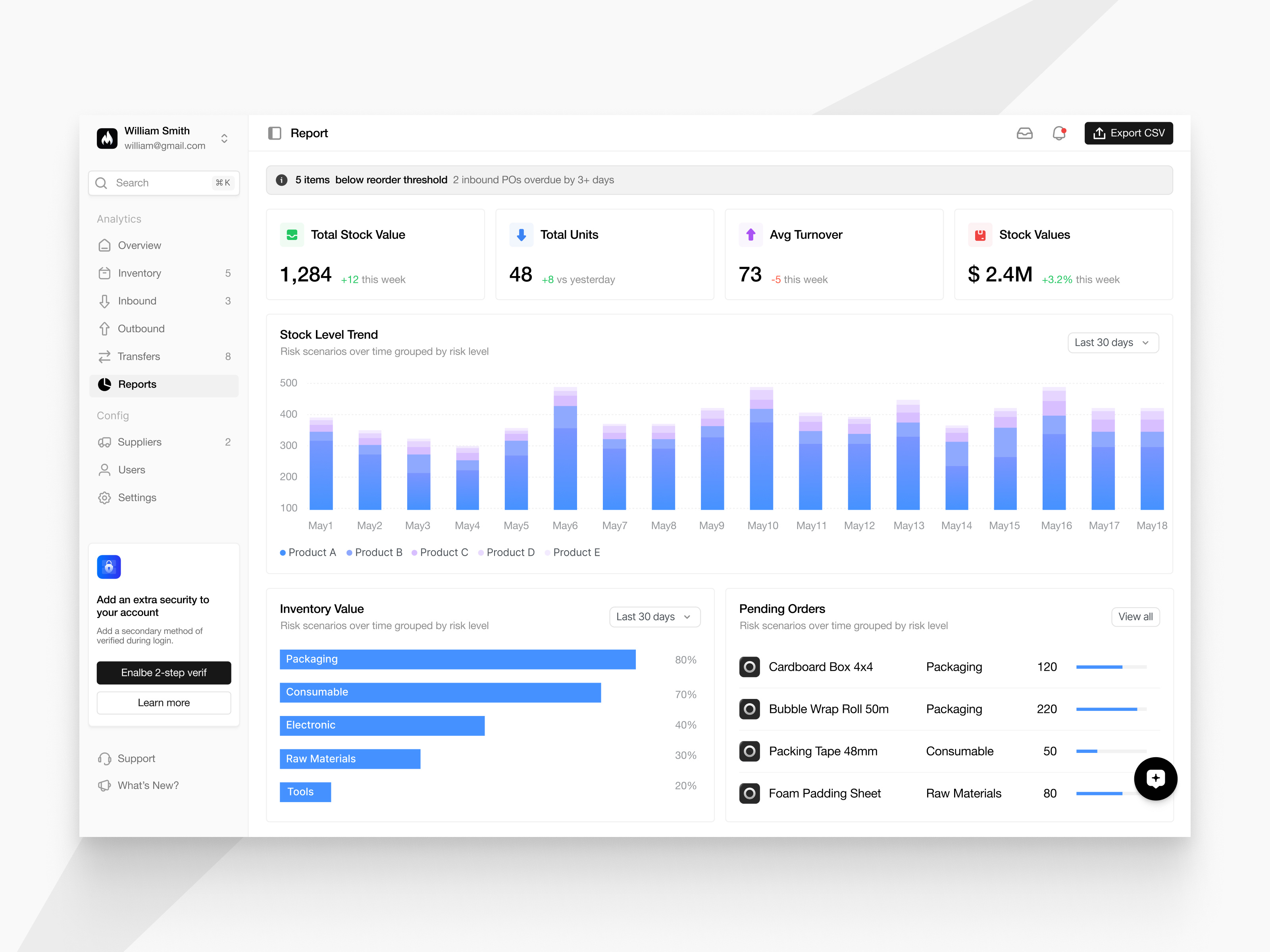 Report Page - Rackwise analytics b2b chart dasboard dekstop logistic overview progress report saas statistic uiux warehouse webapp website