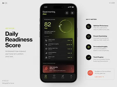 Fitness Mobile App – Daily Readiness Score UI activity tracker app design clean ui dark mode dashboard ui data visualization fitness app fitness tracker health app health tracker ios app minimal ui mobile app mobile ui product design screen design ui design user experience user interface ux design