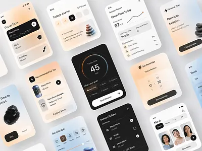 Productivity Mobile App – Elegant Focus Flow UI app design app mockup clean ui data visualization focus tracker gradient ui interface design ios app mindfulness app minimalist ui mobile app mobile ui product design productivity app timer ui ui design user experience user interface ux design wellness app