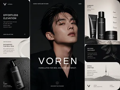 Web Design – Premium Men's Skincare Brand UI bento layout branding clean layout cosmetics branding dark mode e commerce ui graphic design interface design landing page layout design luxury design mens skincare minimalist ui product design skincare brand typography ui design ux design visual identity web design