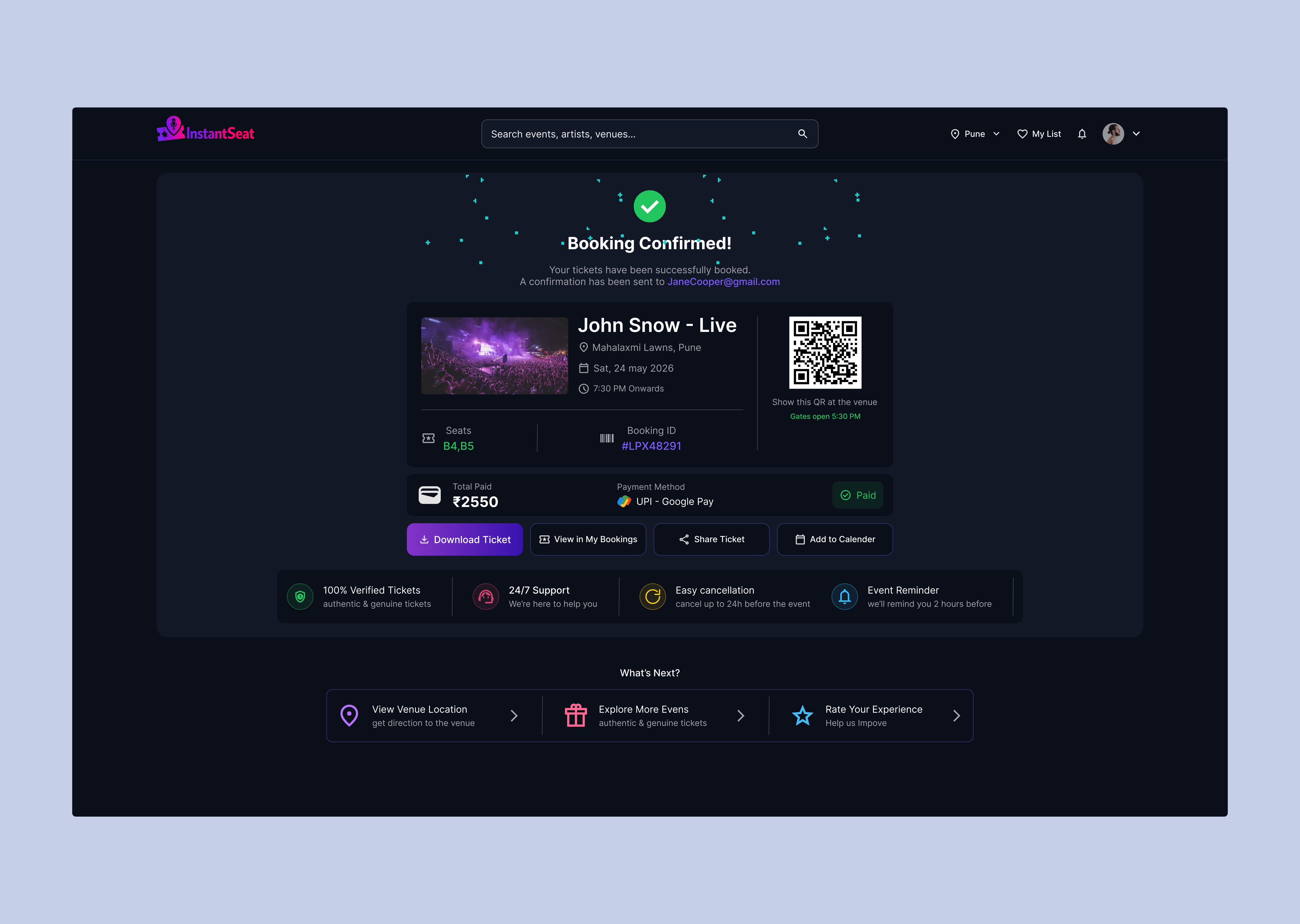 Instant Seat — Booking Confirmation Experience