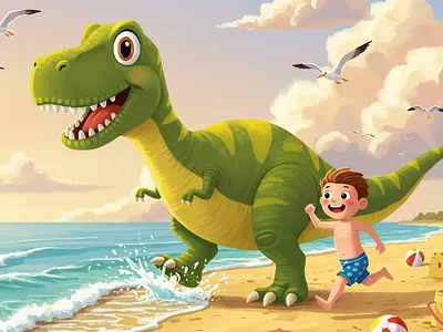Beach Day with T-Rex character design childhood wonder childrens book illustration childrens publishing colorful illustration concept art creative storytelling digital painting dinosaur art kids book art ocean background picture book artist prehistoric animal storybook artist summer beach scene t rex illustration vibrant art whimsical illustration