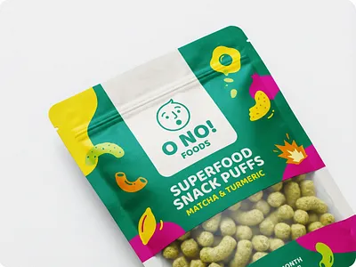 O NO! FOODS | Playful Superfood Snack Puffs by Up-Brands™ bold color blocking brand identity clean label cpg branding food pouch gen z brand healthy snacking line art character mascot logo matcha turmeric o no foods packaging design packaging identity playful typography pop art illustration snack puffs snack window superfood snacks up brands vibrant colors