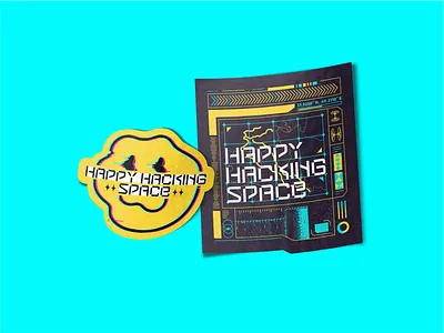 Happy Hacking SPACE branding cyber design futuristic graphic design icon icon set illustration logo mecha sci fi smile space star sticker typography vector