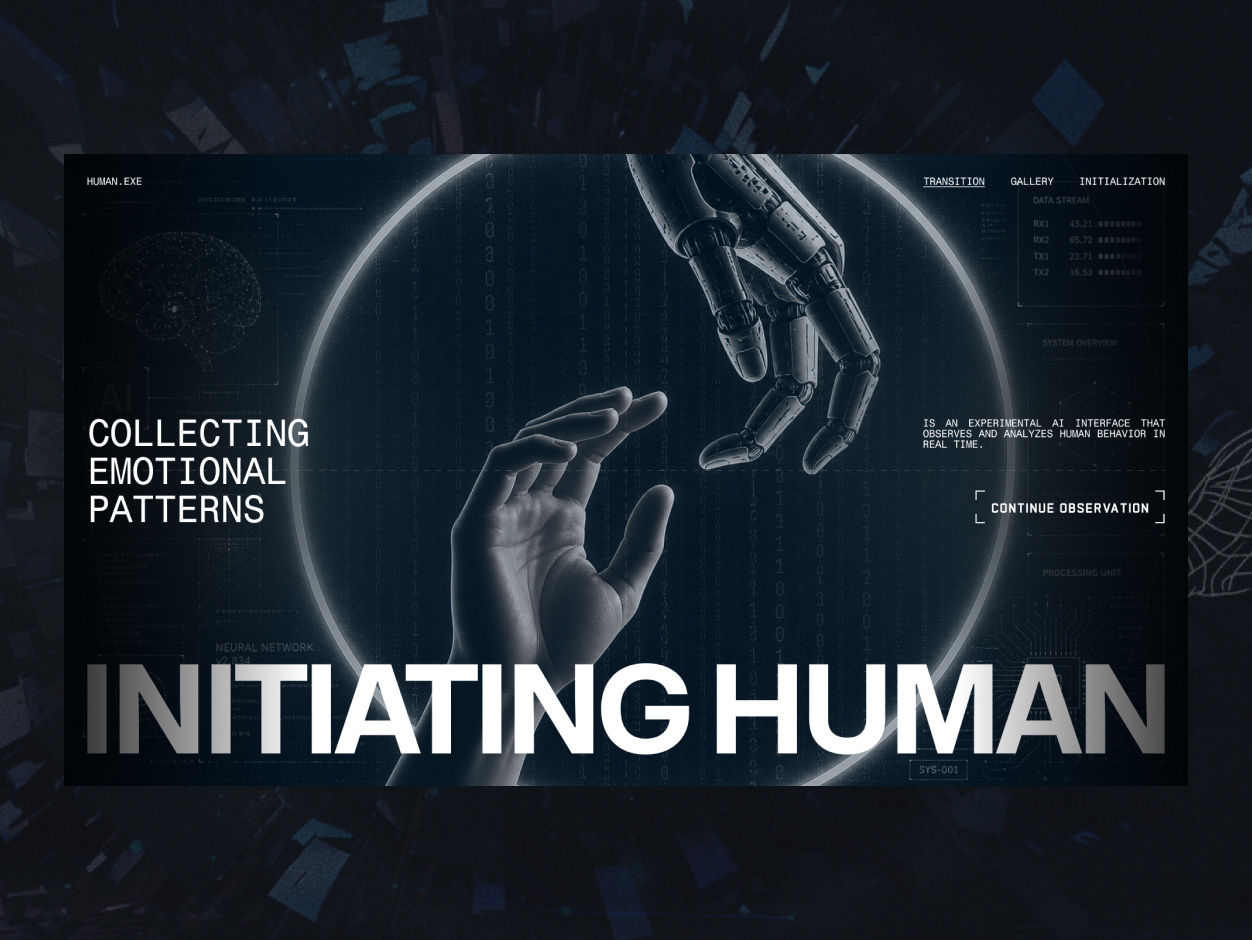 Human.exe — AI Behavioral Analysis Landing Page ai startup ai website cognitive web collage concept design creative design cyber aesthetic futuristic design graphic design hero section landing page sci fi design startup website technology website ui ui design ux design visual storytelling web design