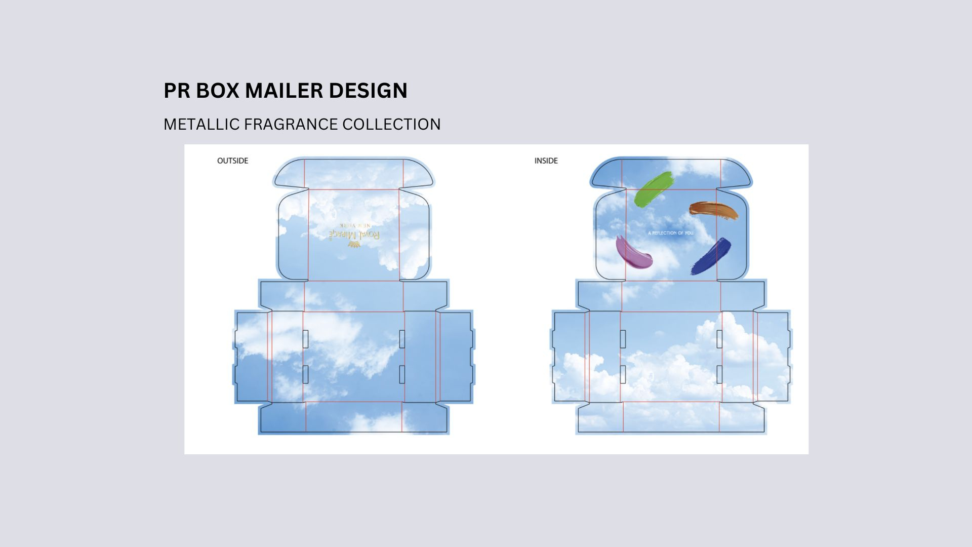 Metallic PR Box Mailer Design with Vellum Insert & Custom Copy branding graphic design marketing