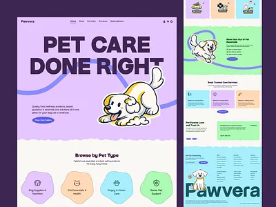 Pet Care Landing Page character design d2c dtc ecommerce happypets home page illustrationoftheday landing page modern ui pet website petcare shopify shopify design shopify store ui design ui illustration web design website illustration