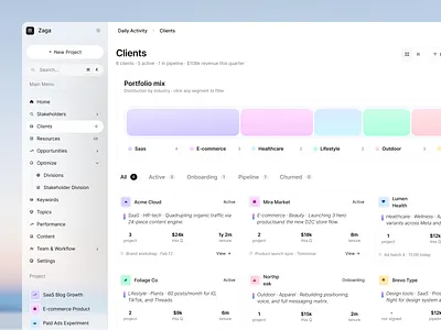 Zaga - Client Management Dashboard business clean client management crm daily activity dashboard korsa management minimalist notion product design project management project manager saas team timeline ui ui design ux workspace