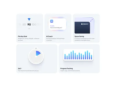 Smart Home Fitness Product Features Bento Grid UI app design bento grid card layout clean design dashboard fitness app gradients health tech icon design landing page minimal ui product features smart home typography ui user experience user interface ux visual hierarchy web design