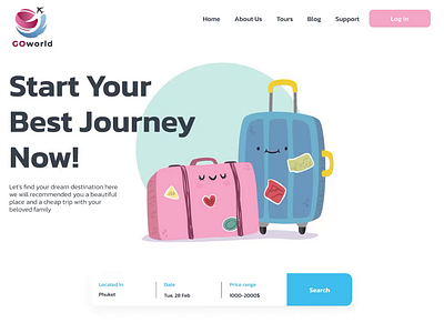 Web UI animation. Travel company main screen animation booking service cartoon bag desktop main screen figma interface tourism travel website trip ui design uiux