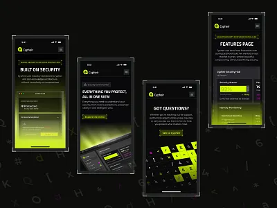 Cypheir Cybersecurity Mobile Design 3d ui app cybersecurity dark ui futuristic ui interaction design mobile neon ui design uiux