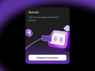 Robots Service Card – Web UI, 3D Illustration, Dark Mode 3d 3d design 3d illustration 3d render card dark mode illustration interface product card product design purple render ui ui design ui ux user interface ux ux design web ui website