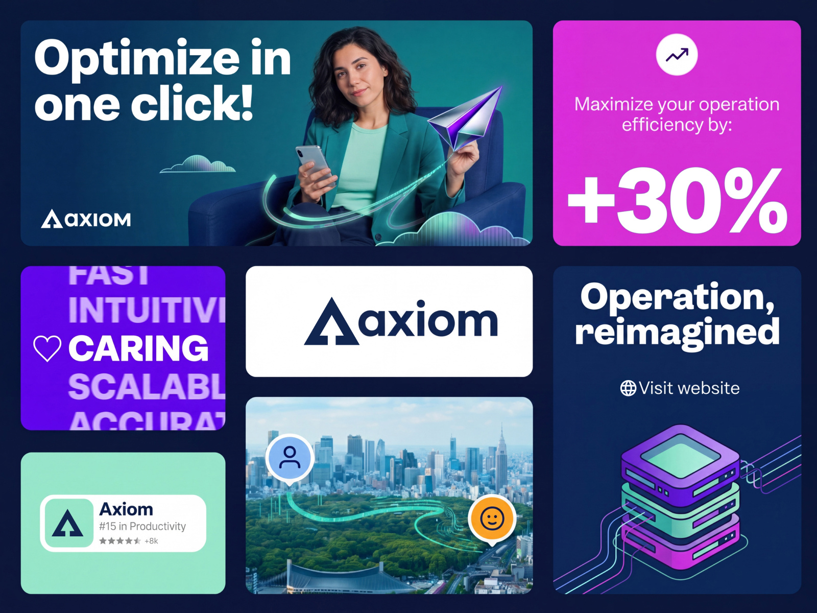 Axiom — Modern SaaS Branding & Social 3d illustration brand strategy business automation corporate design creative direction digital experience digital operations gradient design graphic design marketing campaign modern ui productivity platform saas branding social media design startup branding tech branding techwitpro ui inspiration visual identity