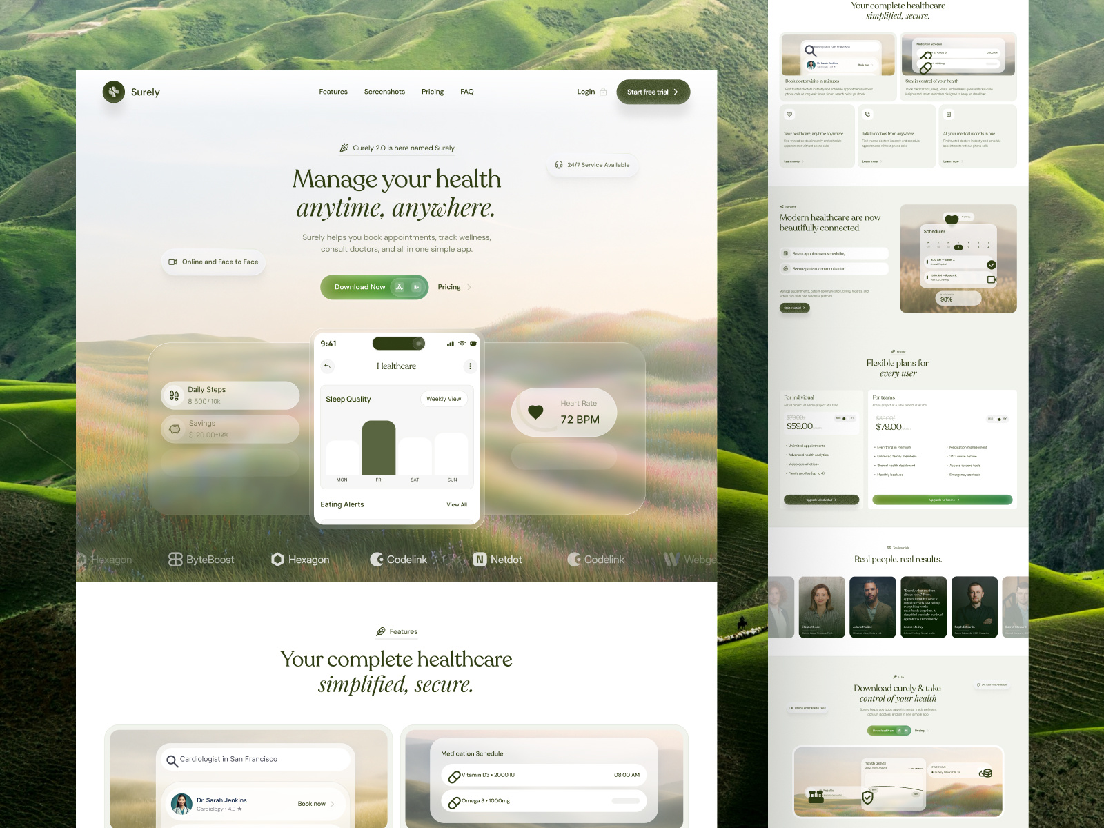 Surely — Modern Healthcare Companion App / Healthcare App app landing page app website appointment platform digital health platform doctor appointment healthcare app healthcare landing page healthcare product healthcare saas healthcare ux design healthtech ui landing page medical app medical dashboard medical records mobile app landingpage modern saas ui patient experience telehealth platform wellness app