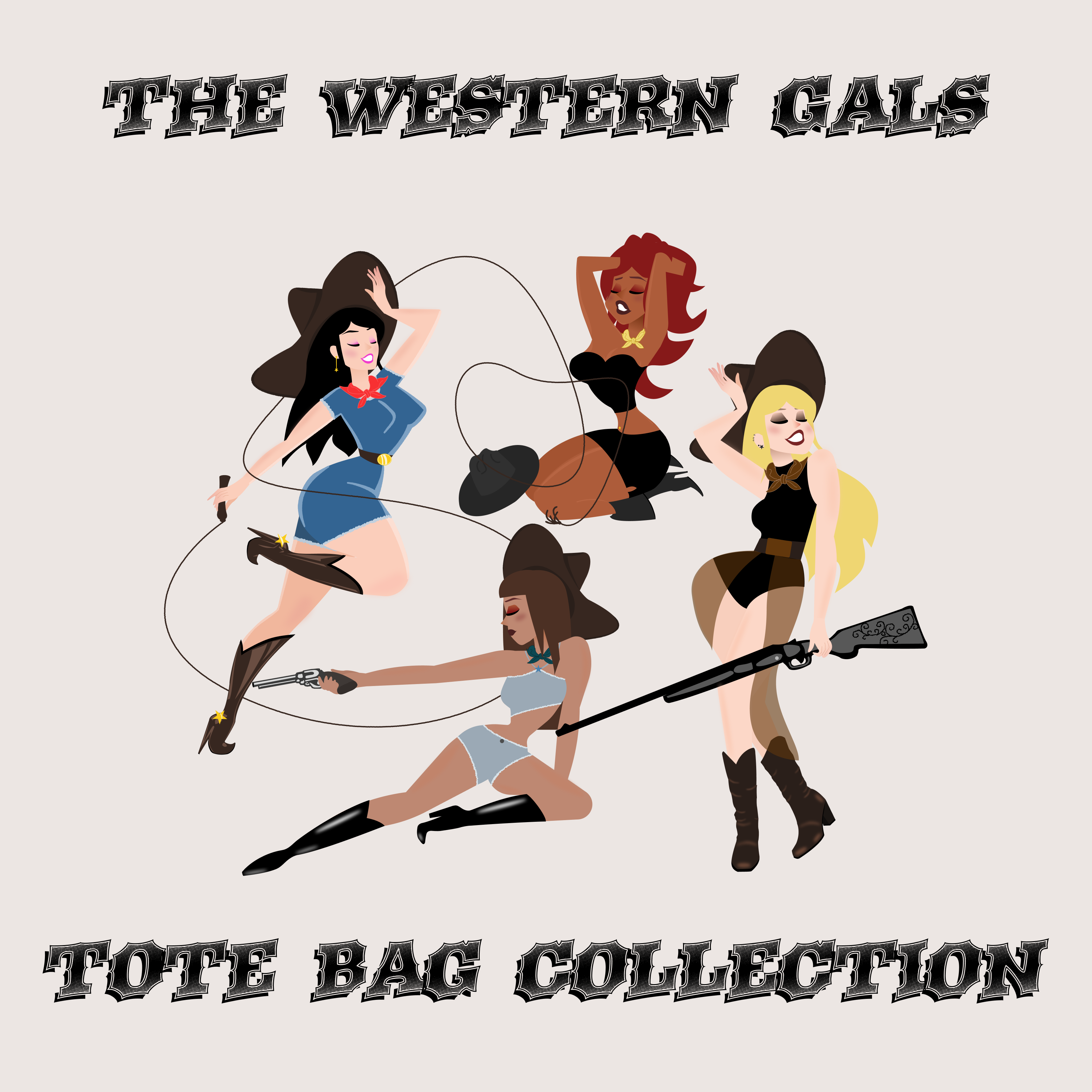 The Western Gals - Tote Bag Collection character design cowboy cowgirl drawing figma girl design illustration merchandise textile tote bag western wild west