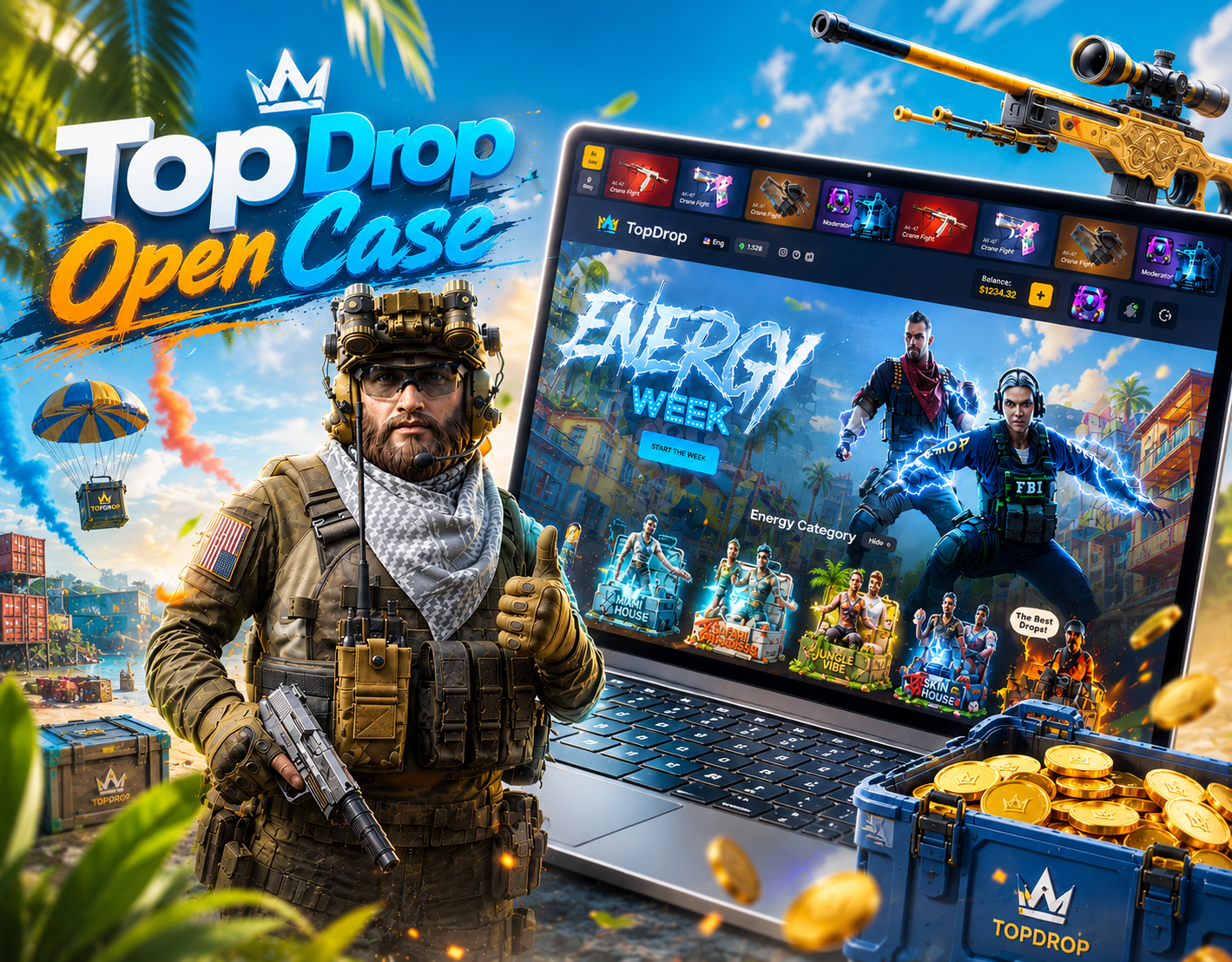 TopDrop - OpenCase CS2 caseopening casino cs2 cs2skins csgo drop esports gambling game gamedev gameui gamingplatform gamingwebsite juicyart logo lootbox uiux