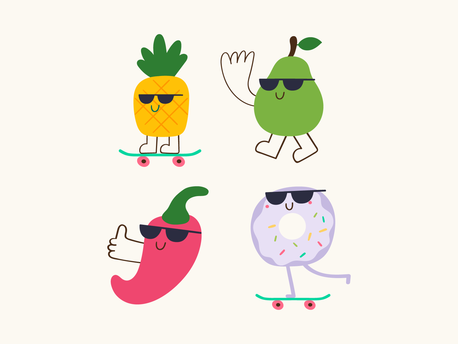 Cool friends branding cool cute design donut flat fresh fruit graphic design icon illustration kid logo mark mascot pineapple skate skateboard summer symbol
