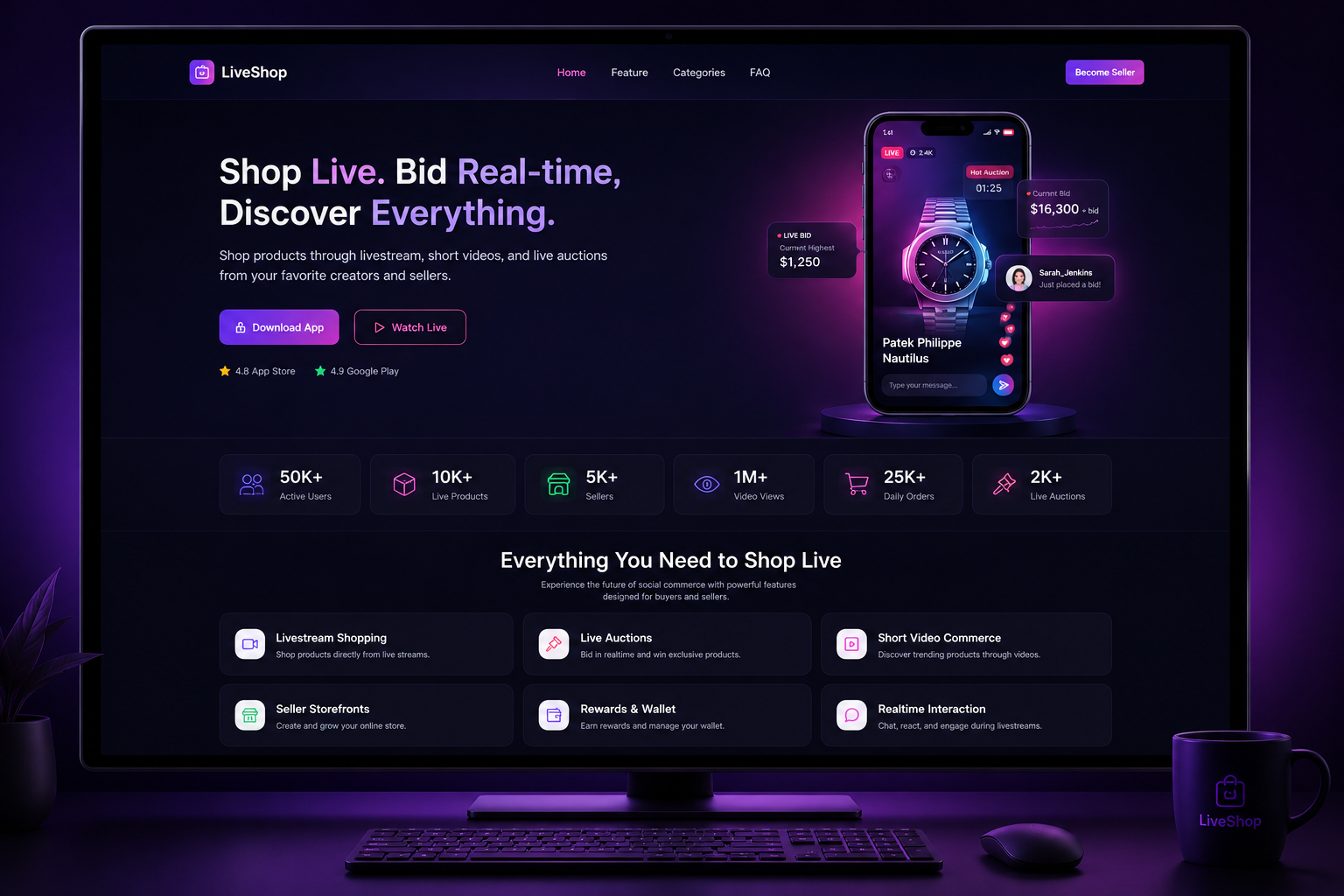 LiveShop — Dark Social Commerce Landing Page e commerce landing page figma design landing page livestream social landing page ui uiux