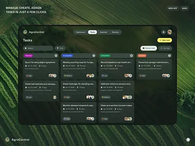 Agriculture Task Management Dashboard Design – AgroControl agriculture app agriculture icon agriculture logo agriculture website core app dashboard crm dashboard dairy farm management app dashboard design farm logo inventory management dashboard modern dashboard phenomenon studio supply planning dashboard task management dashboard tasks dashboard tasks tracker web app web app design web app ui