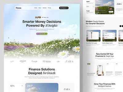 Fintech App Landing Page Design ✦ Finova animation app landing page bank ui clean ui digitalbanking figma finance website fintech ui fintech website investment app landing page minimal web pricing section product design saas landing page startup landing page ui design uiux web design website design