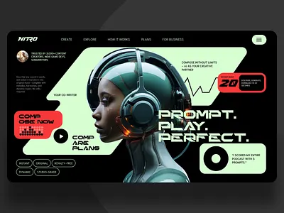 NITRO AI Music - Futuristic Web Design for AI Music Creation ai aiapp aicreation branding cyberpunk darkmode design futuristic graphicdesign illustration landingpage music musicapp musicdesign productdesign techdesign uidesign uiux webdesign websitedesign