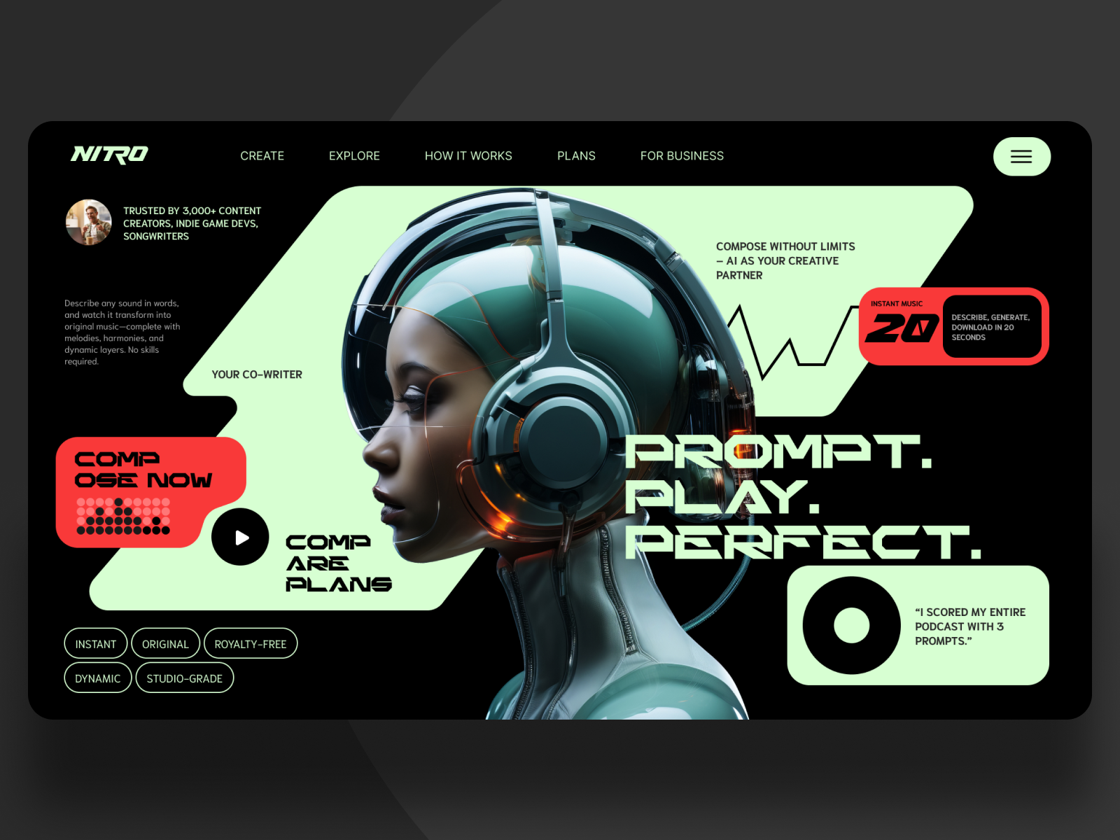 Example of NITRO AI Music - Futuristic Web Design for AI Music Creation