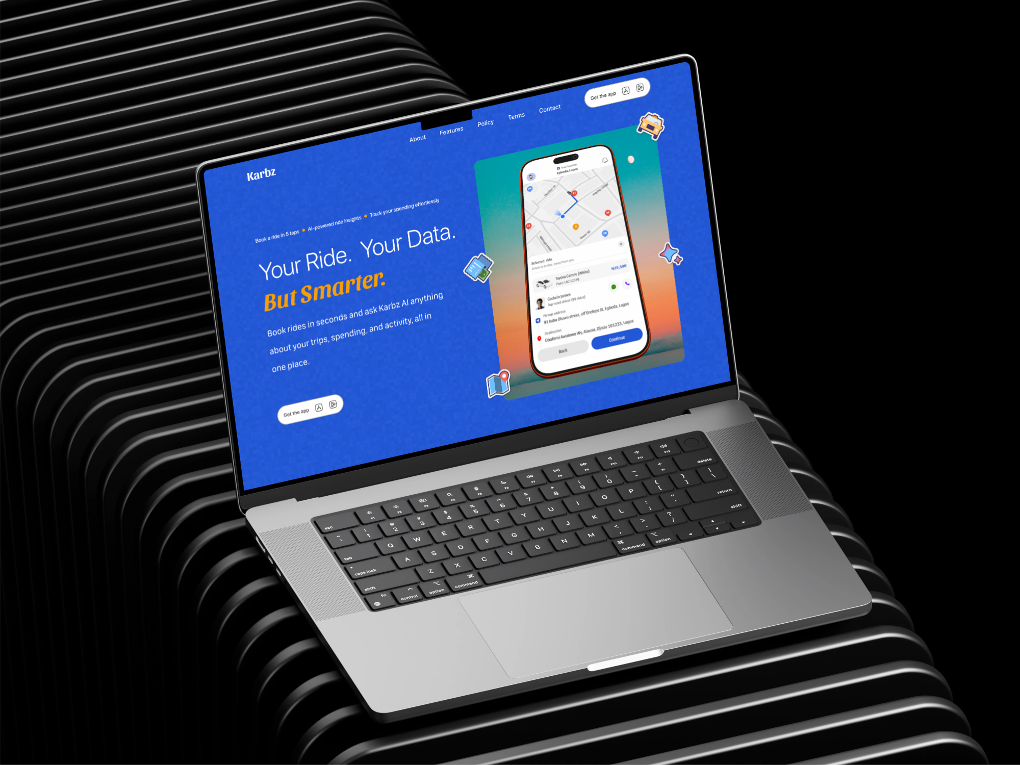 Karbz - AI-powered Ride Booking Mobile Application ai landing page ride booking ui website