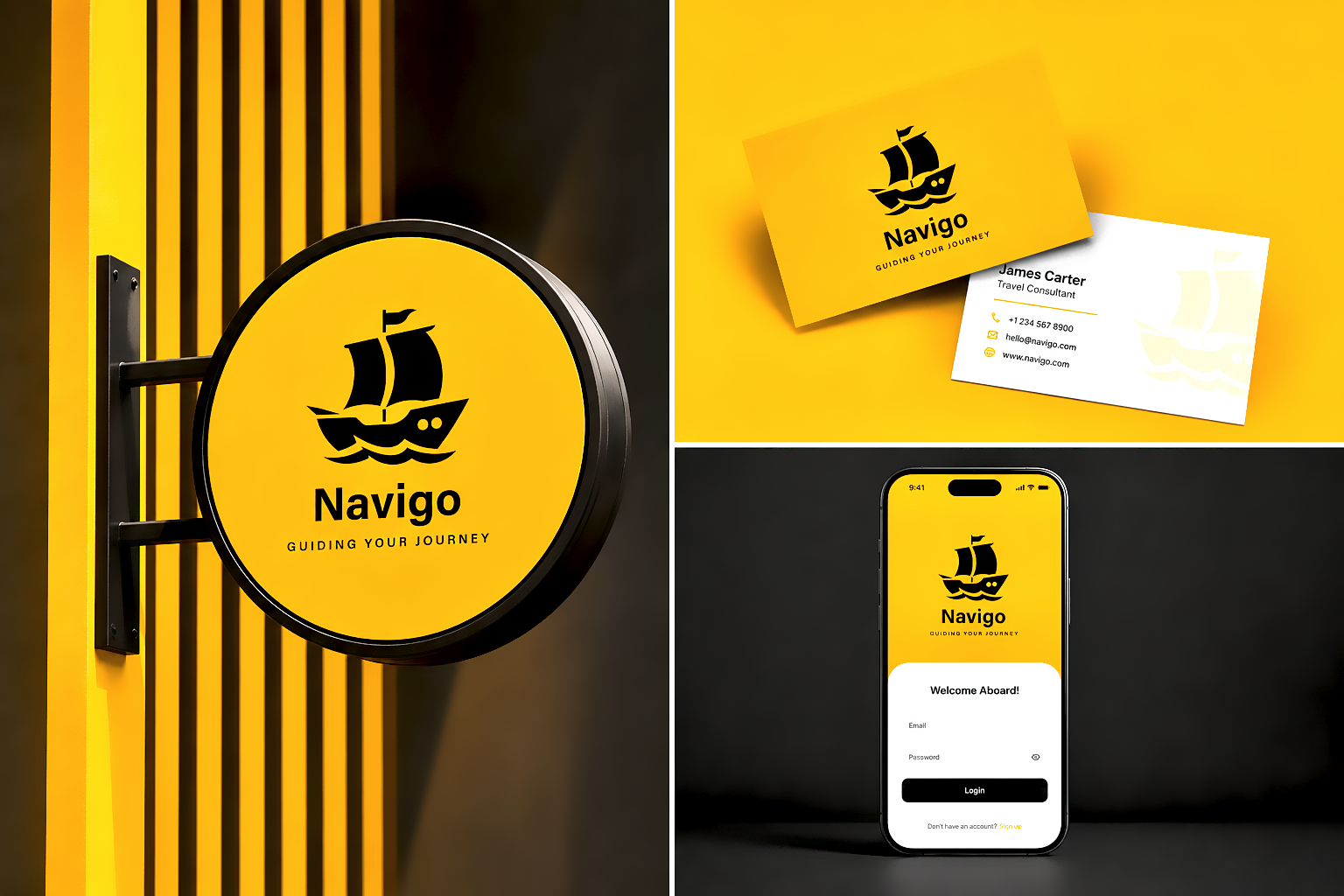 Adventure Navigo Boat Journey logo design abstract adventure black boat branding creative design explore minimalist ocean pictorial sea ship tour transport travel yellow