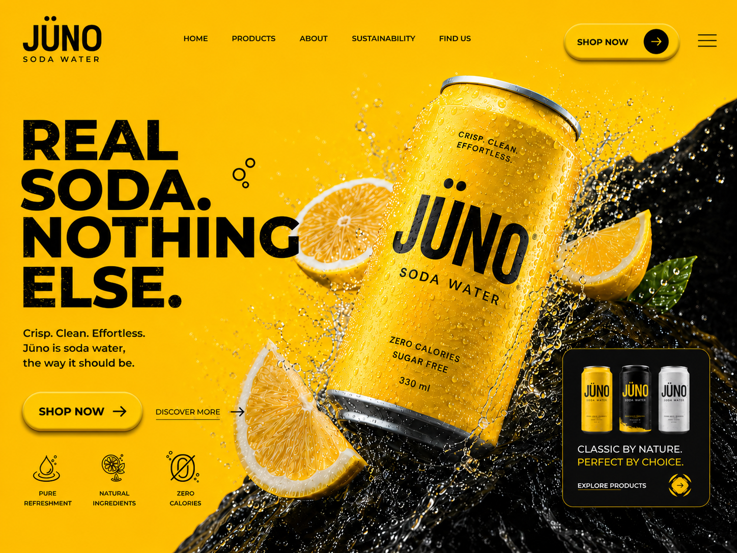JÜNO Soda Water — Bold E-commerce Hero Concept art direction beverage brand strategy branding branding identity conversion focused design ecommerce graphic design hero section landing page logo packaging pop water product design saas soda ui ui design visual design web design