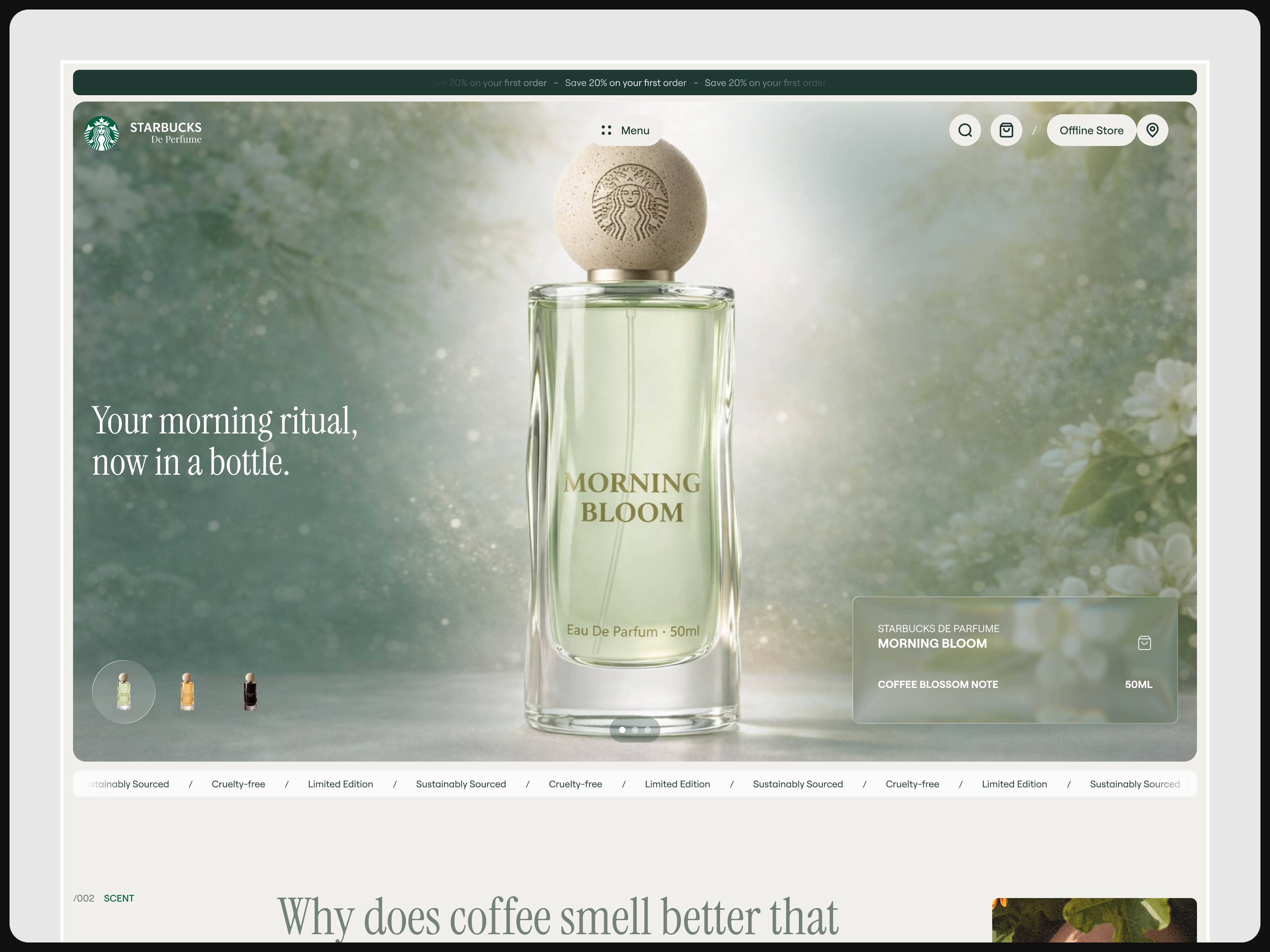 Starbucks Perfume Website Concept branding clean coffee design ecommerce green landing landing page parfume premium product ui design ux design