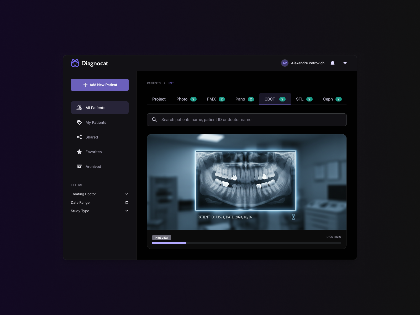 Dental AI tool UI/UX design admin panel ai clinical dark mode dark ui dashboard data visualization dental desktop diagnocat healthcare medical patient management product design radiology saas ui design ux web app xray