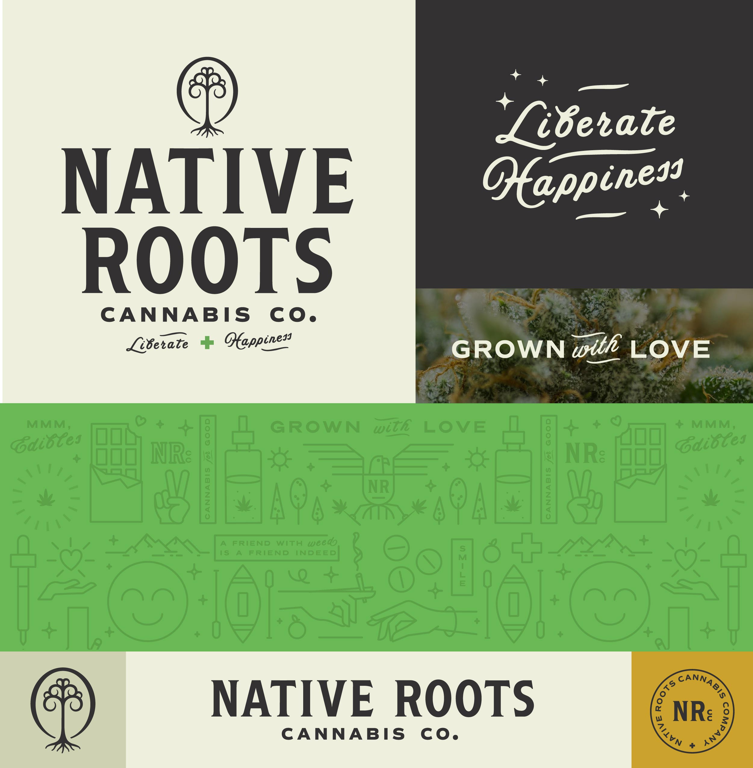 Cannabis Brand Identity, Native Roots Rebrand brand identity brand system branding cannabis cannabis branding cannabis rebrand colorado cannabis denver designer dispensary design green icons lettering logo logo design native roots pattern visual identity weed weed branding wordmark