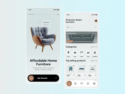 Modern Furniture Mobile App appdesign ecommerce furnitureapp furnitureui minimalui mobileapp mobileui productdesign uidesign userinterface uxdesign uxui