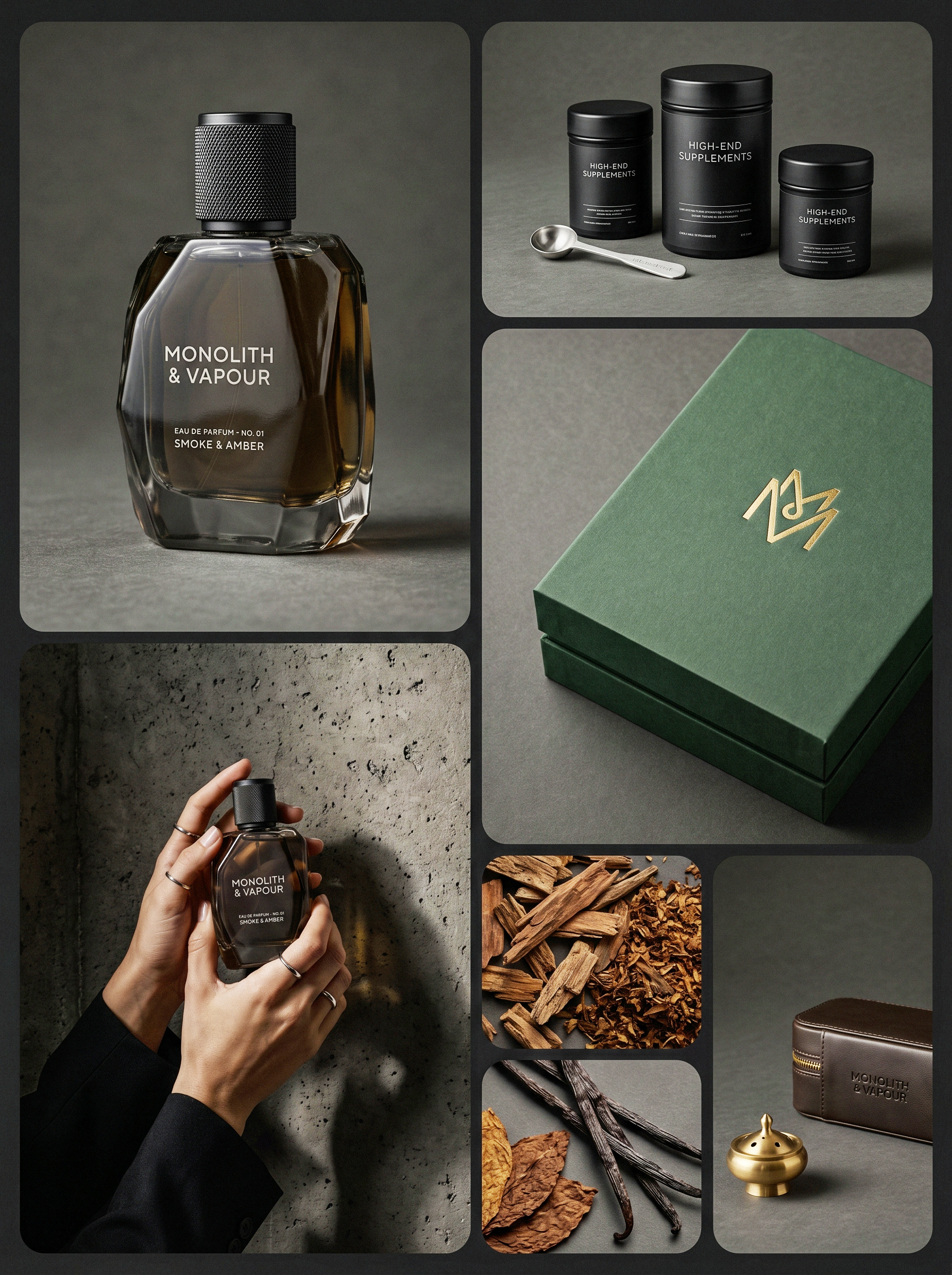 MONOLITH & VAPOUR | Brutalist Fragrance by Up-Brands™ brass incense burner brutalist design system concrete textures dark lifestyle cosmetics deep moss green packaging geometric monogram logo gold foil typography high end supplements branding knurled metal cap luxury fragrance packaging monolith and vapour premium leather pouch raw tobacco aesthetic smoke and amber perfume up brands studio