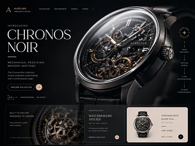 Luxury Watch Landing Page – Dark Minimal Aesthetic clean layout dark aesthetic dark mode e commerce elegant typography homepage landing page luxury branding luxury watch minimal ui online store premium design product page skeleton watch timepiece ui design user interface ux design watch website web design