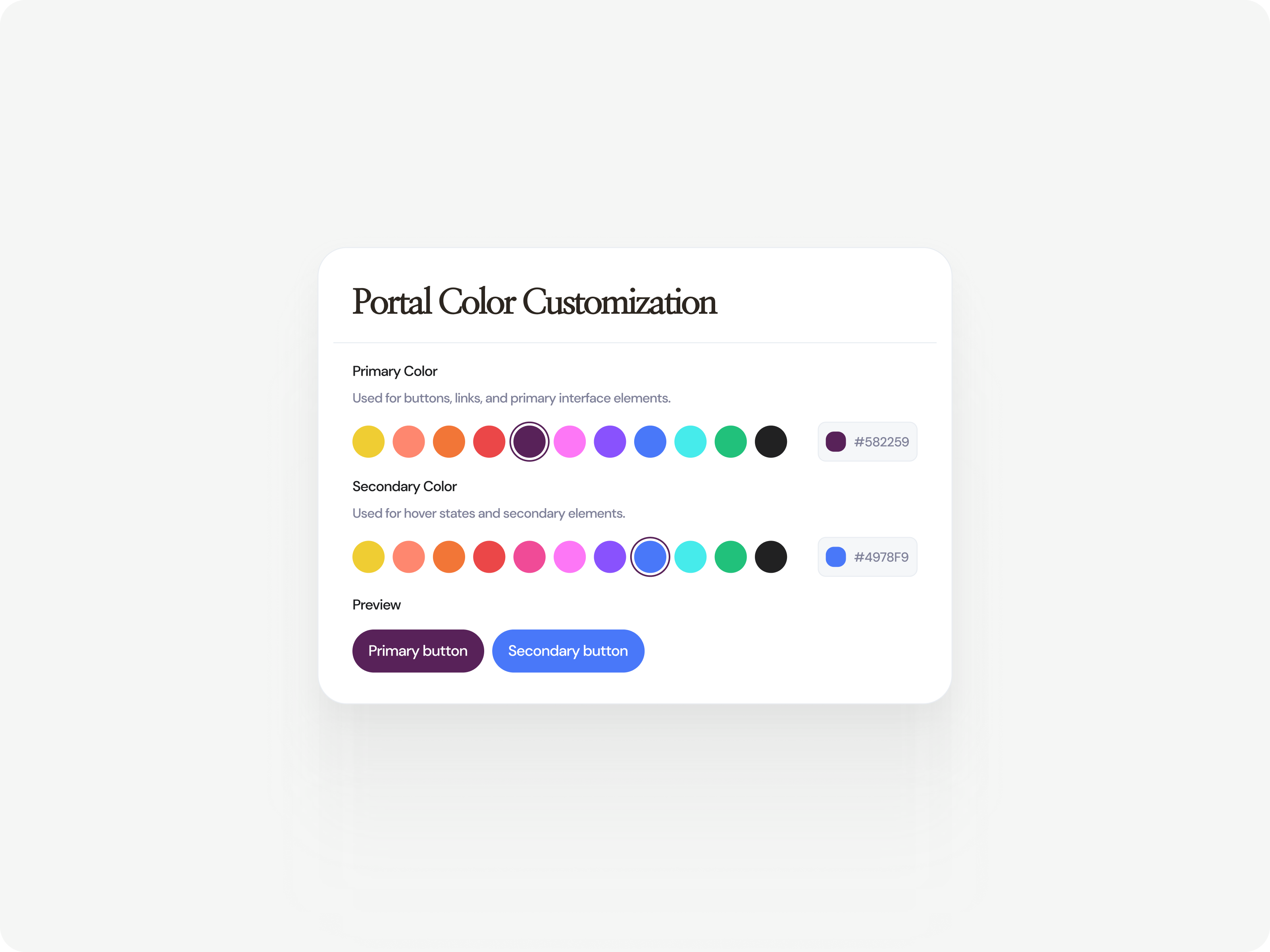 Portal Color Customization UI — SaaS Settings,Theme Color Picker brand colors color customization color picker dashboard ui figma minimal ui portal design product design saas ui design settings ui theme settings ui design ux design web app ui white label