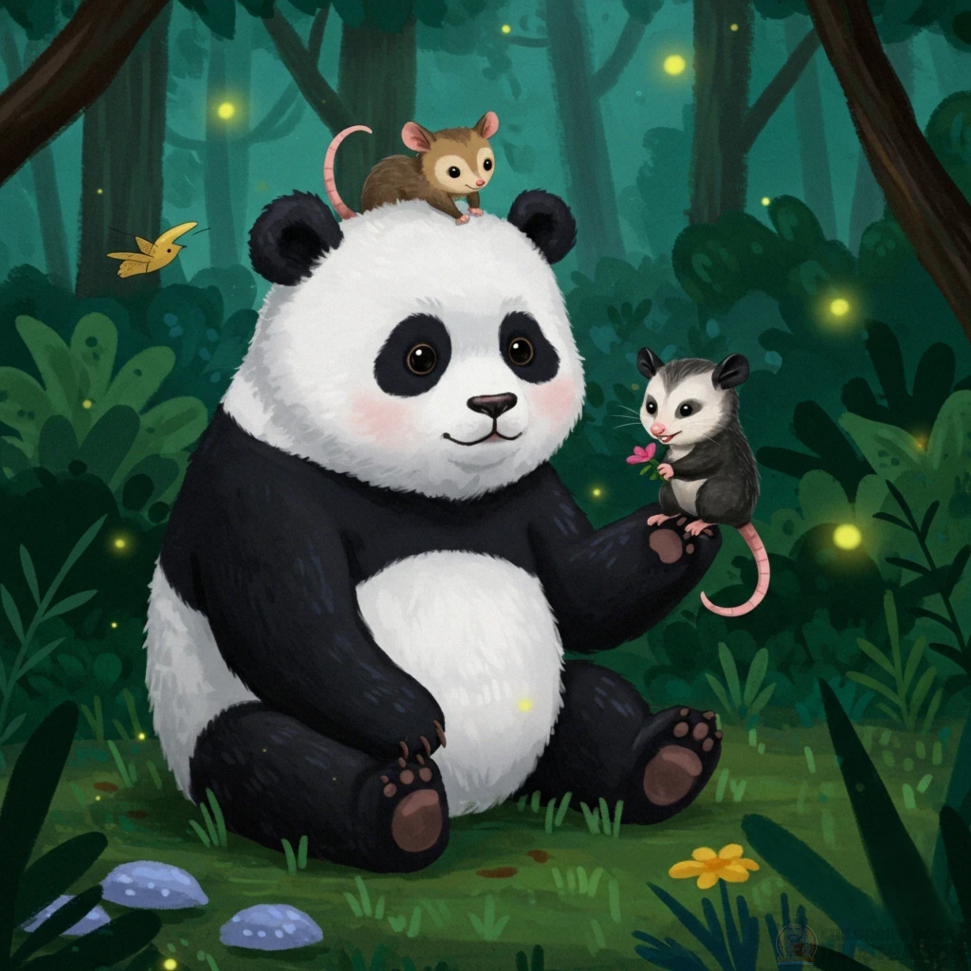 The Panda and the Opossums - Children's Book Illustration . artist book illustrator cartoon character design children illustration childrens book illustration cute animals digital illustration digital painting fantasy illustration forest scene kidlitart kids book design panda illustration picture book storybook art vector illustration whimsical art