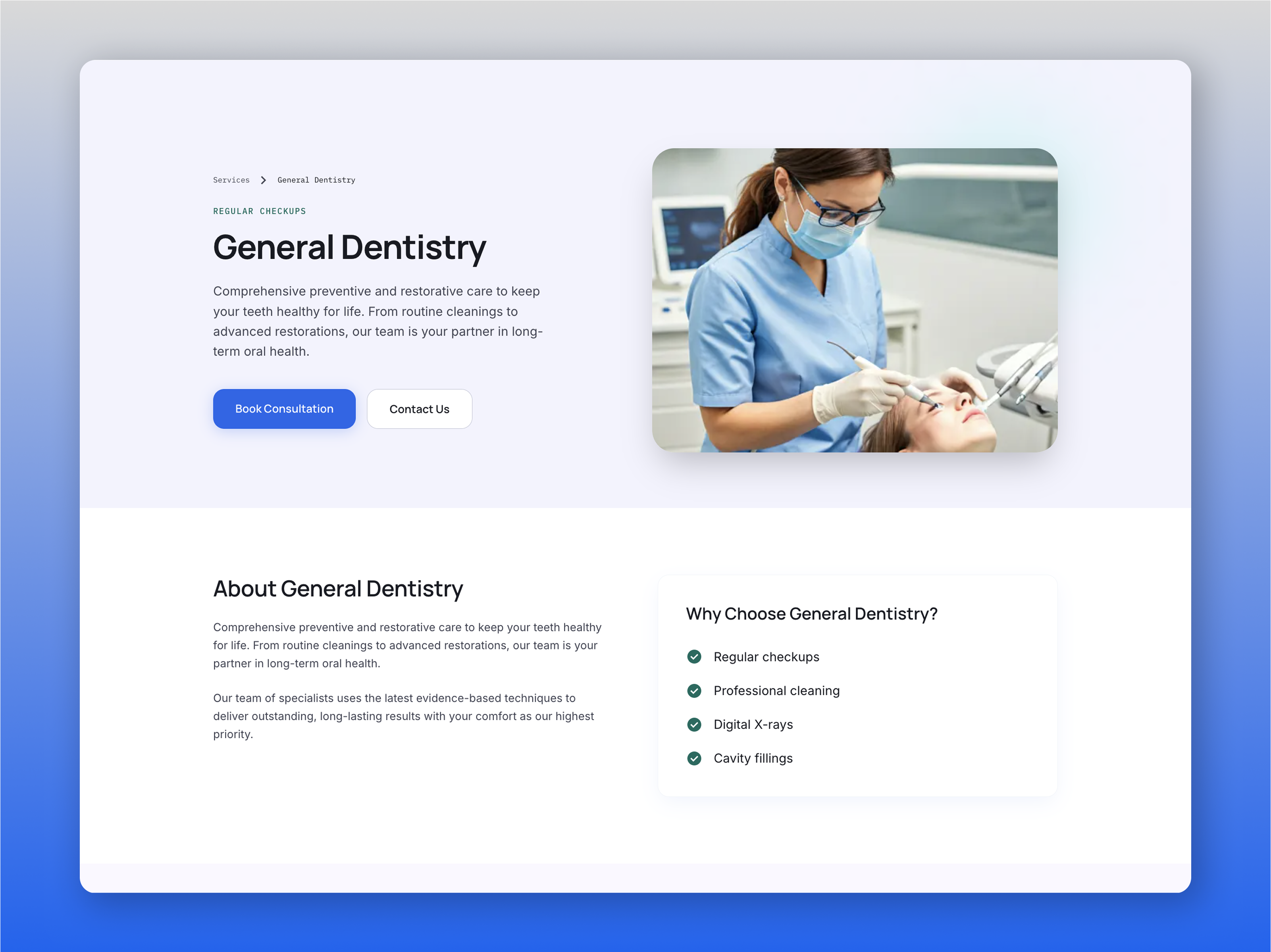 Dentra — Modern Dental Website Design System clean clinic dental dentist gradient grid healthcare medical minimal modern next react template ui website