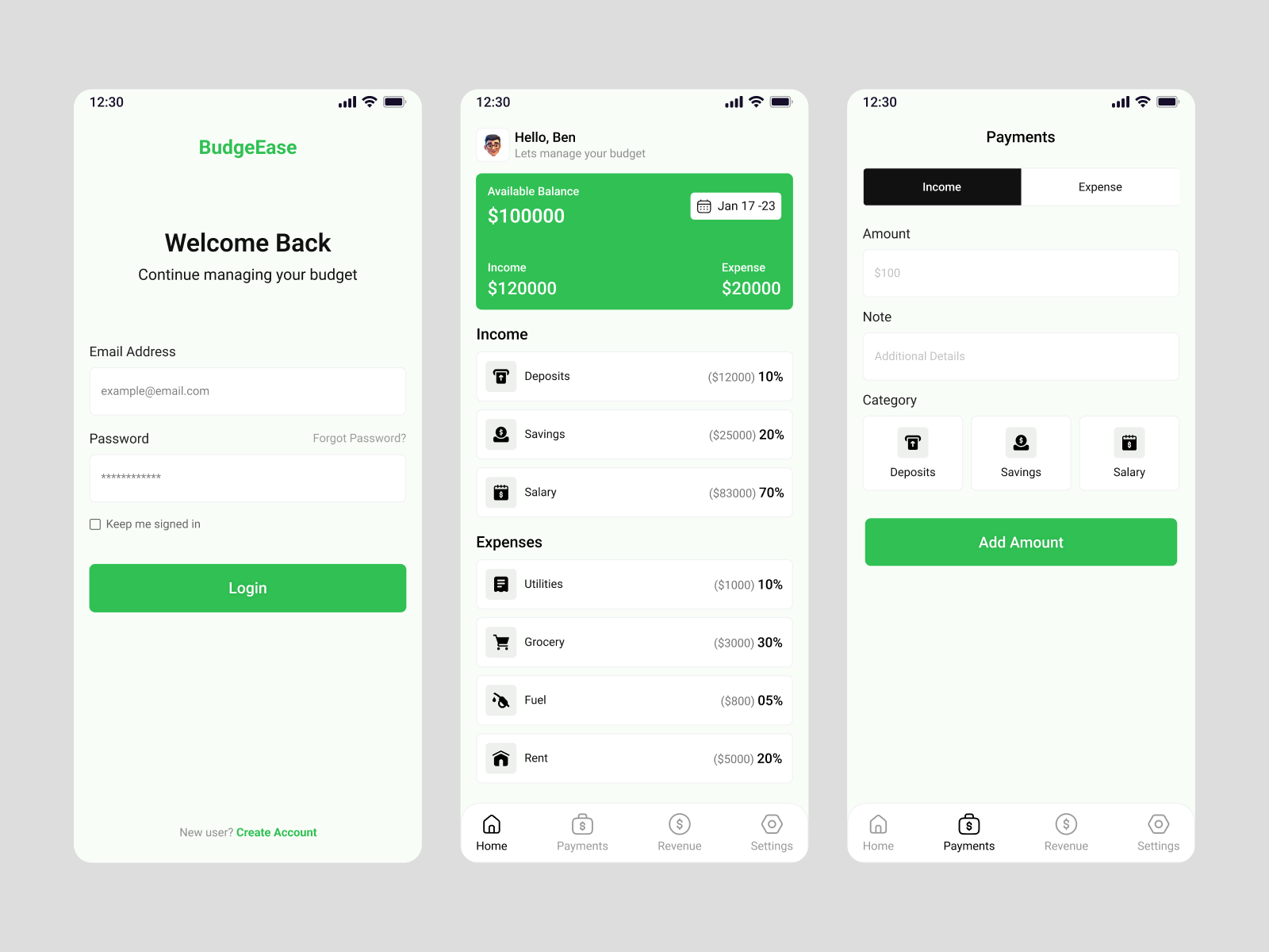 BudgeEase - Budget Tracker App UI Design app design 2025 banking app budget app clean ui dashboard ui expense tracker figma finance app fintech green ui minimal design mobile app mobile ui money tracker personal finance product design ui design ux design wallet