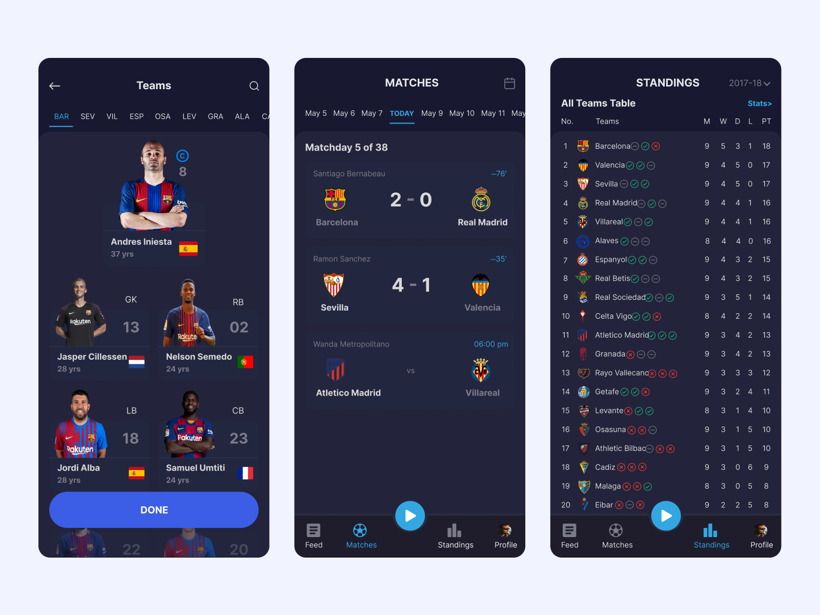 La Liga Football App | Match, Stats & Standings UI app design dark mode ui dark ui design football app football ui kit ios app design la liga app lineup ui match schedule ui mobile app design mobile ui news feed ui player stats ui soccer app design sports app ui sports dashboard sports design sports mobile app standings ui ui ux design