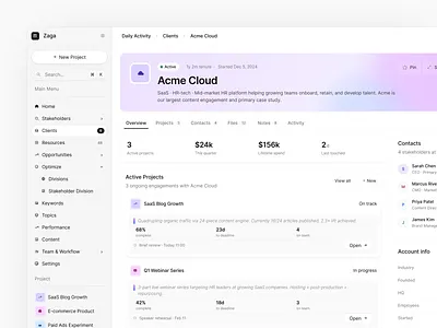 Zaga - Client Project Management Dashboard admin dashboard b2b clean client client management crm dashboard minimalist product design productivity project management project manager saas team workspace timeline ui ui design ux web app workspace
