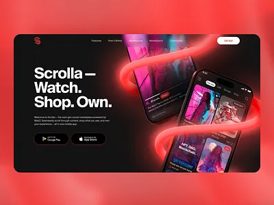 Web3 App Landing Page Design — Dark UI, Mobile Social Commerce appdesign applandingpage blockchainapp commerce cryptoapp instagram landingpage marketplace mobileappdesign neonui productdesign roobinium saaslandingpage social app social media socialcommerce tik tok viral design web3 web3design