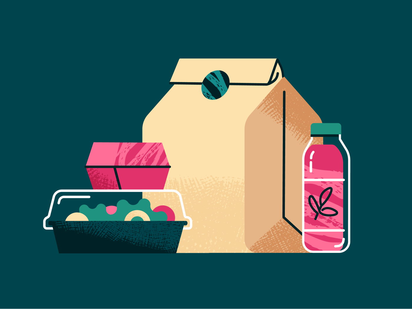 Takeout cafe menu delivery app eco packaging editorial illustration flat vector food delivery food packaging grain texture healthy meal juice bottle local business lunch break meal prep paper bag restaurant branding retro illustration salad bowl stippling takeaway vector illustration