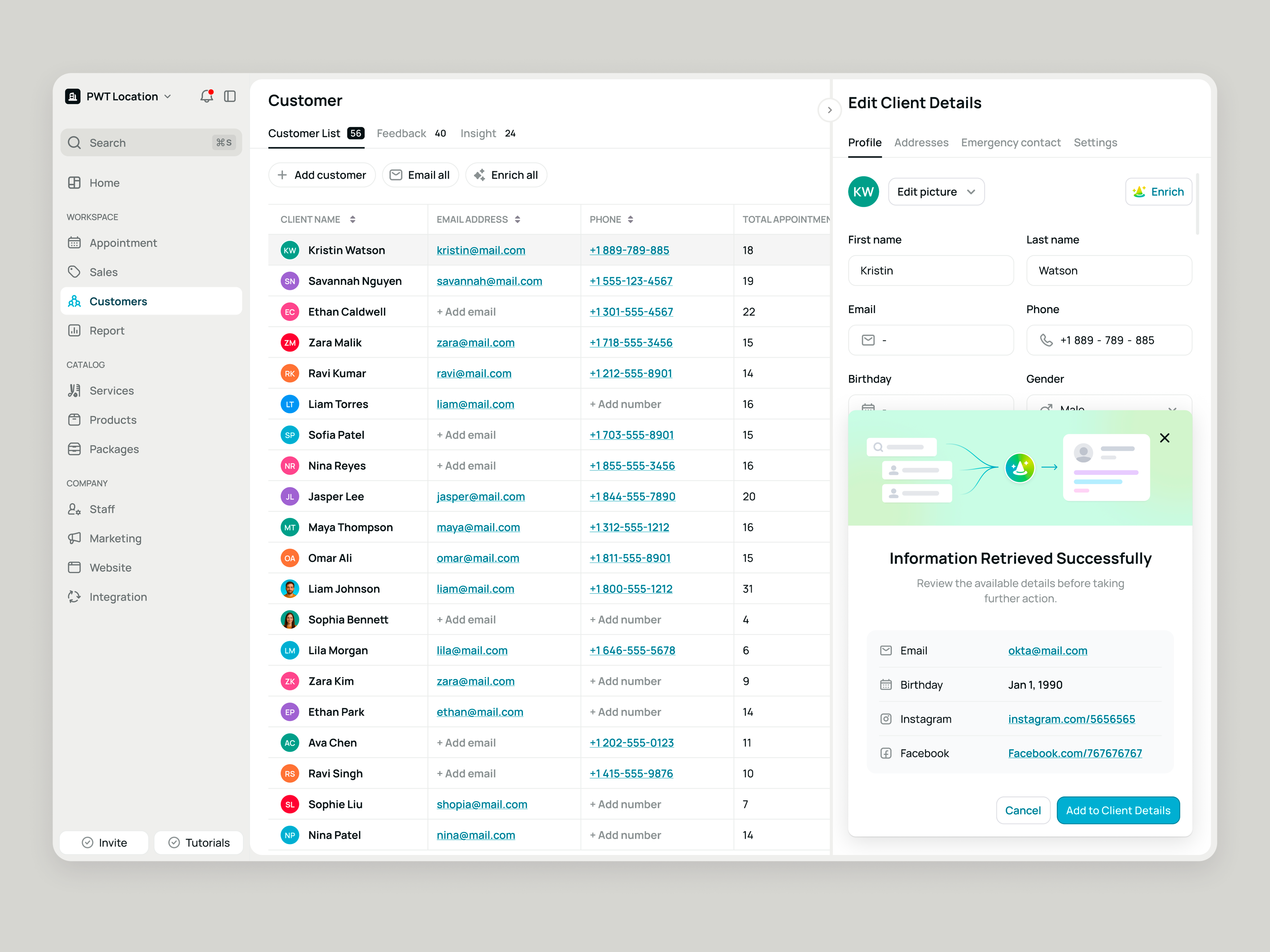 Schedulo — AI Customer Enrichment in SaaS Booking Management App ai appointment appointment scheduling booking booking management business business tools customer marketing product design saas saas design schedule services staff management ui ux web app web builder web design