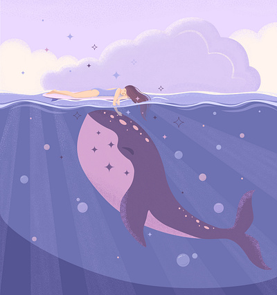 When dreams come true adobedrawing marine brushes clouds dream girl graphic design illustration illustrator ocean serfing violet whale
