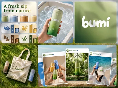Bumi Branding beverage botanical branding canned coconut drinkware earthy flavors fnb freshness gradient lemongrass logo mintchoco packaging pandan refreshment sparkling yuzu