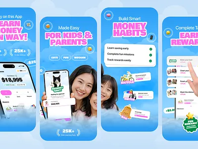 Saving App for Kids - App Store Screenshots app marketing app store app store optimization app store preview appstorescreenshots aso bold cloud finance fintech fun google play graphic design kids playstore preview saving screenshots ui web3