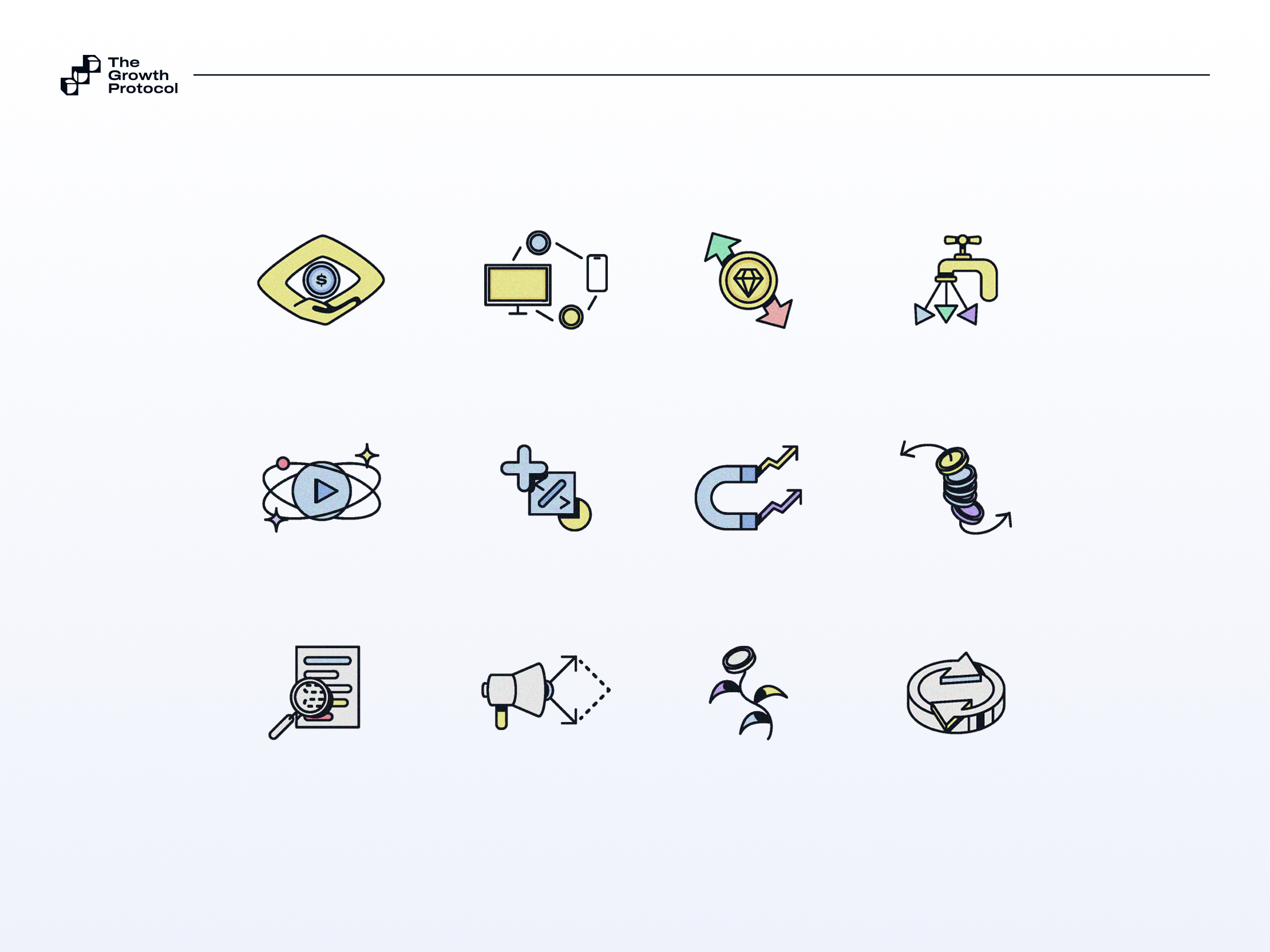 The Growth Protocol - Icon Set adobe illustrator blockchain brand icons coin colorful crypto graphic design icon pack icon set icons illustration landing page marketing ui vector web assets web design web3