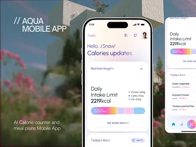 Aqua AI Nutrition Calorie Counter & Meal Planner Mobile App ai health app ai meal planner app design calorie counter app calorie tracking app diet planner app fitness app inspiration fitness nutrition ui food tracking app health dashboard ui healthy lifestyle app meal planner mobile app mobile app mobile app design mobile app ui design nutrition app ui panzestudio pastel mobile ui wellness app design wellness mobile app